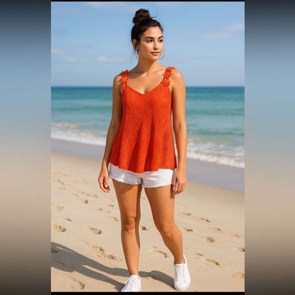 chicme Tops - Chicme Orange Lace Tank Top Size Large Floral Shoulder Lined Flowy Summer V-Neck